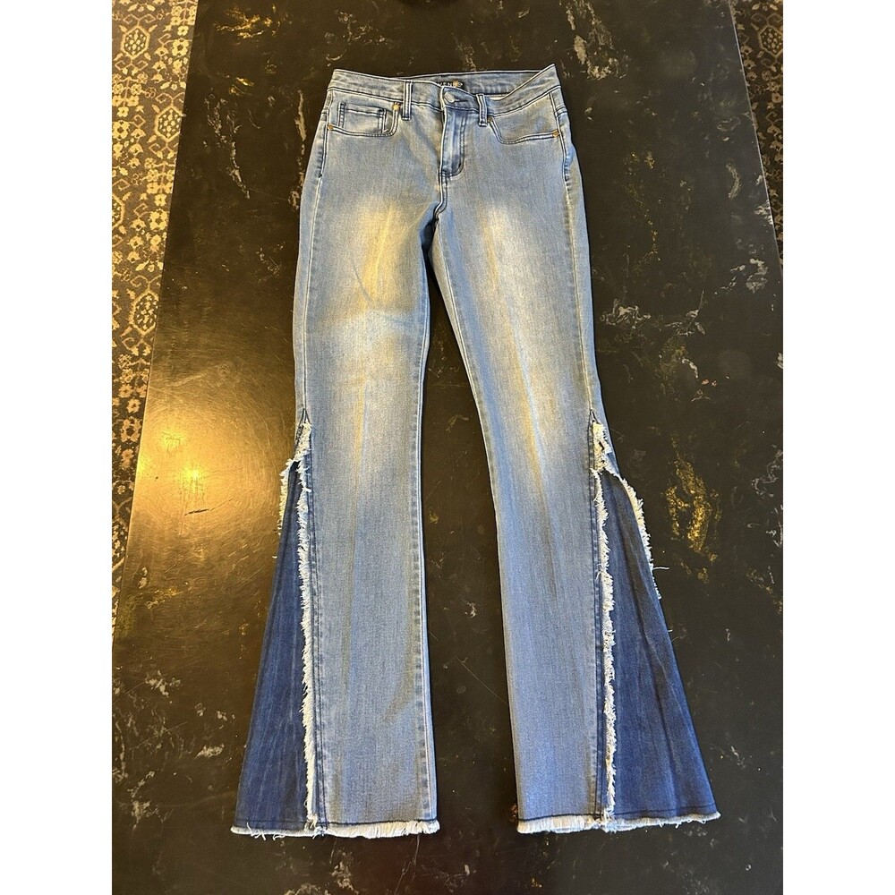 Venus Jeans Womens Size 6 Blue Two Tone Flare Leg Frayed Hem Boho Retro
